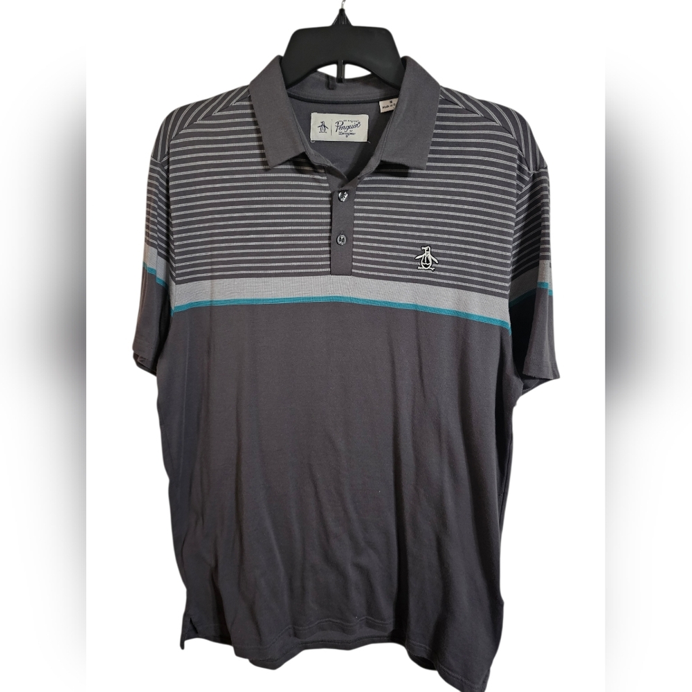 Original Penguin Mens M Polo Gray Cotton Blend Striped Shirt Iconic Quiet Luxury - Picture 2 of 6